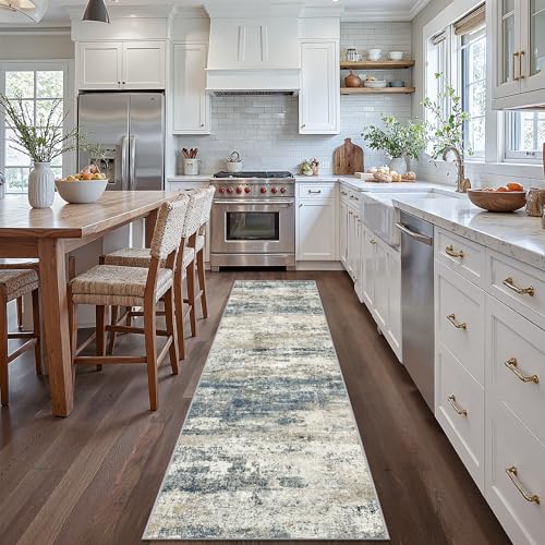 Runner Rug for Hallway Kitchen, 2x12 Machine Washable Runners Rug for Entryway, Soft Modern Abstract Throw Rugs, Low Pile Floor Cover with Non Slip Backing, Navy Beige
