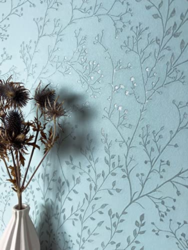 Newroom Tapete Blau Vliestapete Äste - Ästetapete Floral Türkis Babyblau Blätter Blumen Blumentapete Romantisch Rosentapete Vintage inkl. Tapezier-Ratgeber