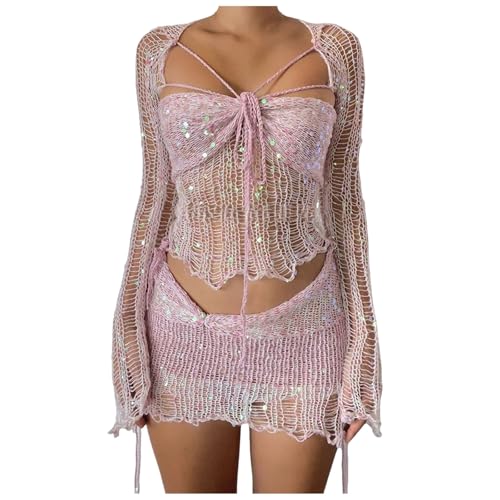 Two Piece Sequin Sets for Women Crochet Hollow Sweater Knit Skirt and Crop Top Set Party Sexy Y2K Going Out Outfits