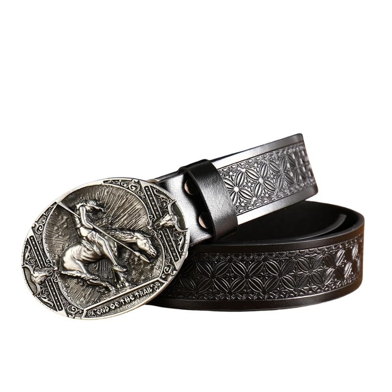 Image of Mastyle Men's Leather Belt with Horse Design Buckle - Adjustable Waist Strap for Jeans and Casual Wear