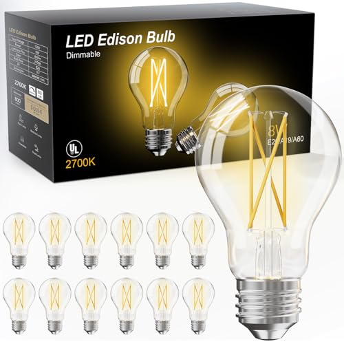 Image of TJOY 12 Pack A19 Vintage LED Edison Bulbs, Dimmable, 60W Equivalent, High Brightness 2700K Warm White, 8W E26 Standard Base, 800 Lumens, CRI80+, Clear Glass Filament Bulb for Home, Farmhouse