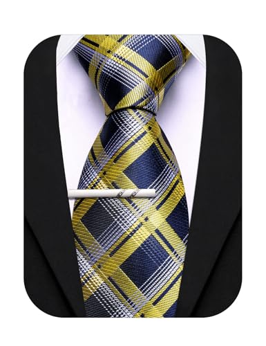 Image of Barry.Wang Plaid Ties Mens Silk Necktie and Tie Clip Checkered Tie for Wedding Party Business Formal