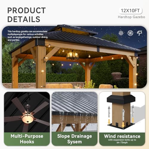 Image of Aoxun 10' x 12' Outdoor Wood Gazebo, Hardtop Gazebo Permanent Wooden Pavilion with Galvanized Steel Double Roof, for Patio, Garden, Deck, Cedar Wood, Natural