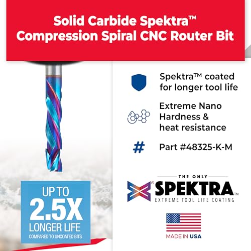 Image of Amana Tool Spektra Extreme Tool Life Solid Carbide CNC Compression Spiral Router Bit, 48325-K-M, 8mm D x 32mm CH x 8mm Shank x 71mm Long 3 Flute