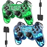 Degulan Wired Controller for PS2 Double Shock, 2 Pack Gamepad Remote Compatible with Play station 2 (Clear Green and Clear Blue)