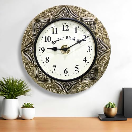 Image of RANDOM Brass Decorative Sweep Silent Wall Clock, Antique Gold, Embossed Mandala Frame, Round, Vintage Style 30 cm for Home Office
