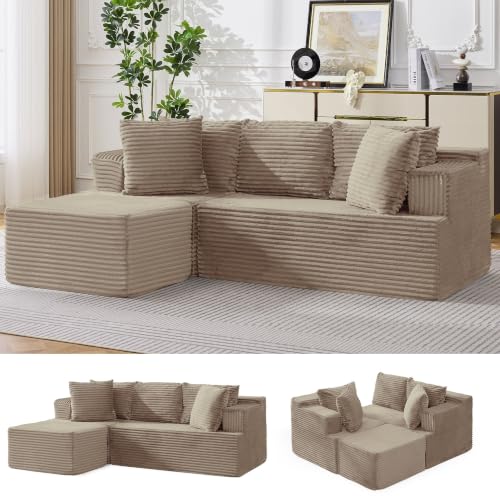 Image of Korser Boneless Couches for Living Room, Cloud Couch Sectional with Ottoman, L-Shaped Sofa with Fluffy Comfy Corduroy Deep Seat, Bedroom, Apartment, No Assembly Required