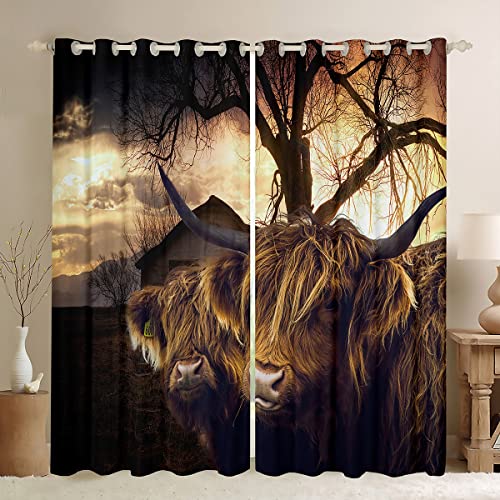 Loussiesd Highland Cattle Curtain for Bedroom Living Room Farm Highland Cow Darkening Drapes Kids Women Men Farmhouse Animal Window Curtains Retro Window Treatments W52*L90