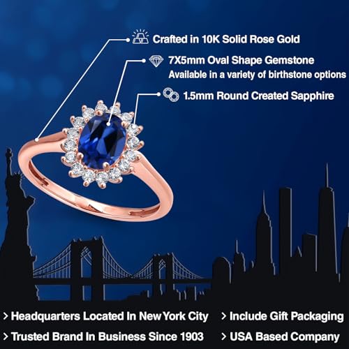Gem Stone King 10K Rose Gold Oval 7X5MM Gemstone Birthstone and White Created Sapphire Engagement Ring For Women | Available in Size 5,6,7,8,92