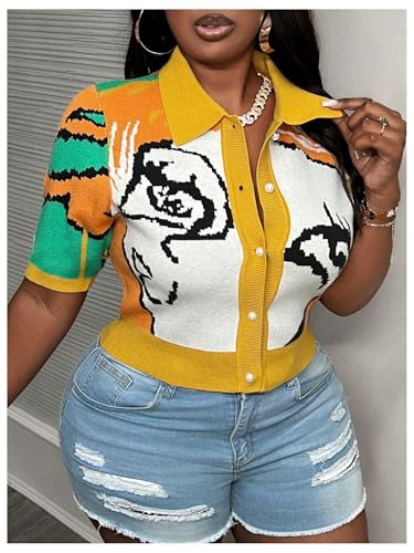 Image of WDIRARA Women's Plus Size Graphic Print Cardigan Button Down Sweaters Short Sleeve Cardigans