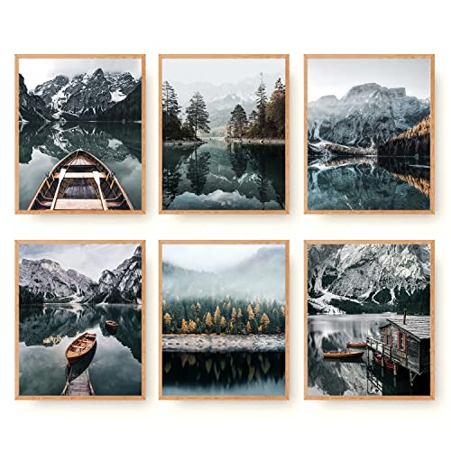 Roslynity Wall Art Prints Set of 6 Mountain Decor Canvas Wall Art Landscape Print Nature Posters Lake Boat Pictures Nature Photography Art Posters for Home Living Bedroom Decor (8'x10' UNFRAMED)