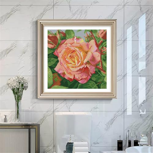 Image of JOYSEWING Pink Rose Flowers Stamped Cross Stitch Kit, Rose, 15.35x15.35