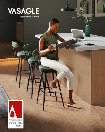 Image of VASAGLE EKHO Collection - Bar Stools Set of 2, Swivel Bar Height Bar Stools with Back, Synthetic Leather with Stitching, Mid-Century Modern, 30-Inch Tall Barstools, Forest Green ULBC889C01V2