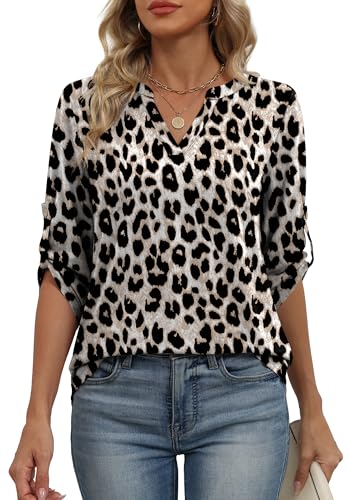 Image of XIEERDUO 3 /4 Length Sleeve Womens Tops V Neck T Shirts Both Side Buttons Blouses Business Casual Outfits Loose Fit
