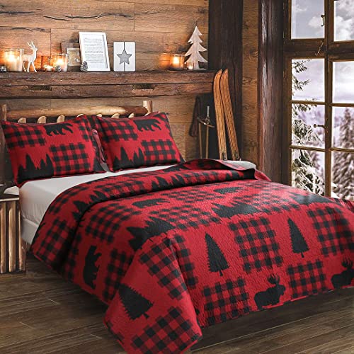 Quilt Set Queen Size Rustic Bedding Set Red Black Buffalo Plaid Patchwork Bedding Rustic Quilt Bedspread Country Cabin Lodge Bear Quilt Bedding Soft Lightweight Reversible Plaid Quilt Bedding #TOP2