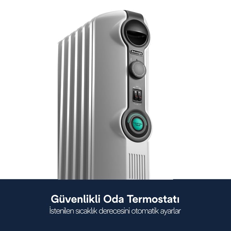 De'Longhi TRRS 1225C Radia S - Radiador de aceite, Termostato Ambiente Ajustable, Comfort-Temp, 12 Elementos, Ruedas, Blanco