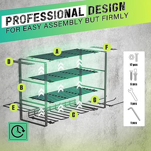 Image of SUNALLY Power Tool Organizer, 4 Drill Holder Wall Mount, Garage Tool Organizer and Storage with Screwdriver Holder, Garage Organization, 4 Layer Cordless Drill Holder with Hammer Holder