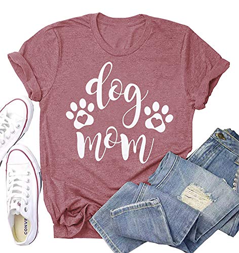 Dog Mom Shirt Women Funny Cute Paw Graphic Tee Dog Lover Short Sleeve Mom Gift Tops Pink (X-Large)