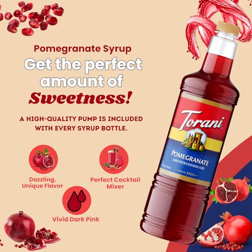 Image of Torani Pomegranate Syrup 1L with Pump Fruity Flavoring for Cocktails & Teas