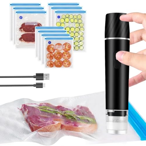 VOAKZEF Sellador de alimentos al vacío de mano, máquina selladora al vacío portátil de alimentos, mini sellador eléctrico recargable al vacío con 10 bolsas selladoras al vacío reutilizables, para