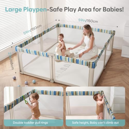 Image of Baby Playpen Portable, Pre-Assembled Play Pen 59x59 Large Foldable Playpen for Babies and Toddlers, Sturdy and Safe Toddler Play Yard Indoor Outdoor with Carry Bag, Light Khaki-Stripe