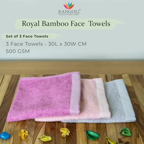 Image of RANGOLI 100% Bamboo Face Towel Set of 3, 500 GSM, Quick Dry Towels for Face, Gym, Travel, Ultra Soft Highly Absorbent, 30Cm X 30Cm, Purple, Peach & Grey