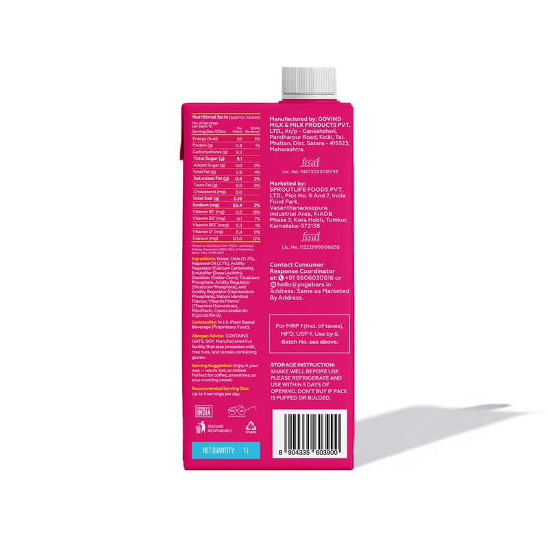 Image of Yogabar Oat Milk Unsweetened 1L | Barista Approved | Fortified with Vitamin B, D & Calcium |Dairy & Lactose Free Milk | No Added Sugar | Vegan Plant-Based Oat Beverage for Coffee & Smoothies | Zero Cholesterol