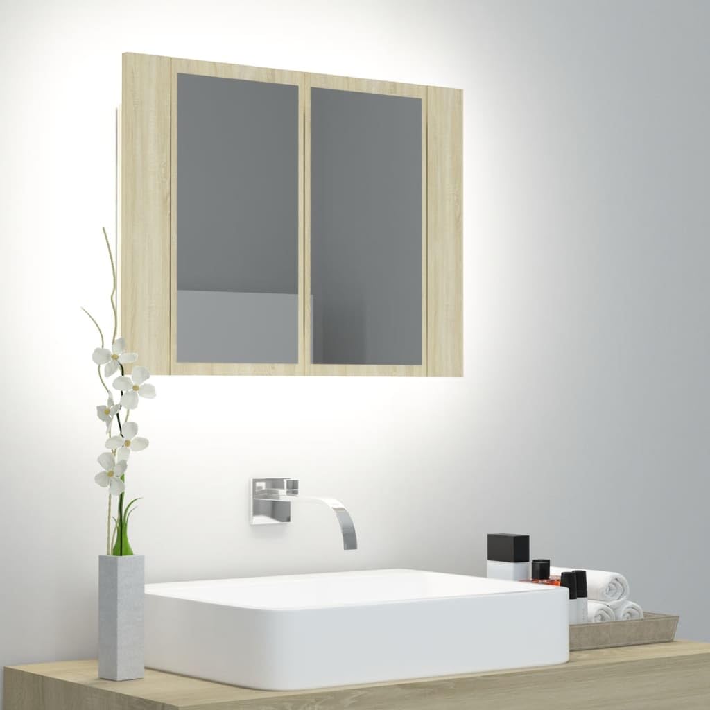 vidaXL Szafka łazienkowa z lustrem i LED, dąb sonoma, 60x12x45, akryl