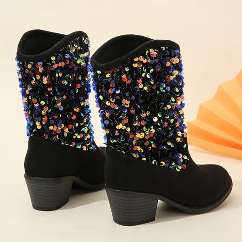 Kids Girls Glitter Mid Calf Boots Casual Boots Western Cowgirl Cowboy Pointed Toe Low Heel Boots Slip on Riding Boot4