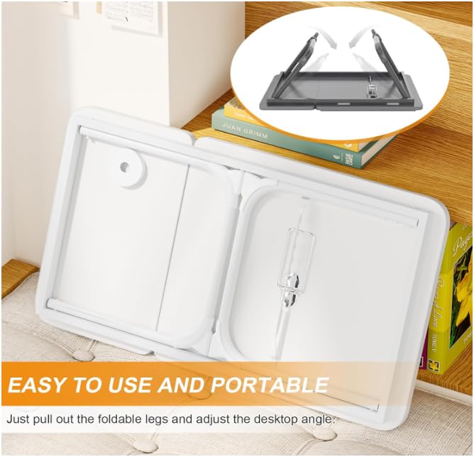 Image of Foldable Laptop Bed Table, White, Adjustable Tilt Top with Cup Holder and Tablet Stand, Portable Lap Desk