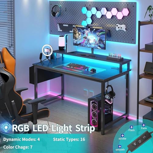 Image of Lufeiya Black Gaming Desk with LED Lights and Power Outlets, 40 Inch Teen Writing Study Table Home Office Desks with Monitor Stand, Computer Desk with Charging Station USB Port, Black
