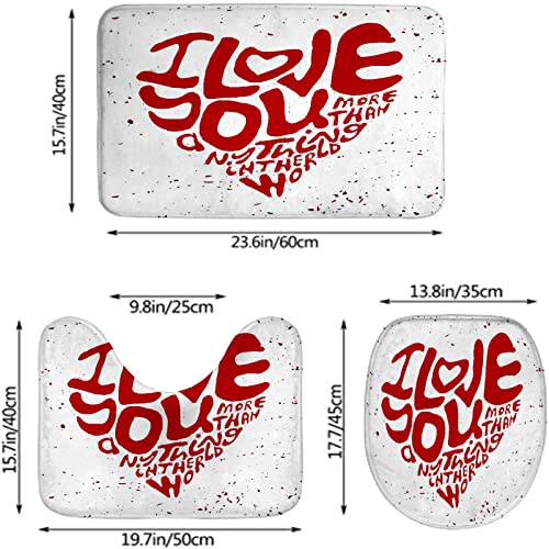 Badezimmerteppich-Set aus 3 Teilen, Love You More Grungy Heart Form Print, waschbare Badteppiche, rutschfest, mit Rückenpolster, Konturteppich und Toilettendeckelbezug – Bild 3