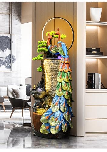 BTMDECOR MIXIUJIEN Elegant Peacock LED Fountain - Indoor/Outdoor Standing Waterfall Decoration with Colorful Peacock Design, LED Lighting, and Zen Ambiance for Home, Garden, or Office (Small)(Small)