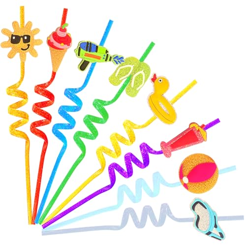 24 Beach Drinking Straws Beach Ball Pool Summer Birthday Party Supplies Decorations Glitter Pool Party Straws With 2 PCS Cleaning Brushes