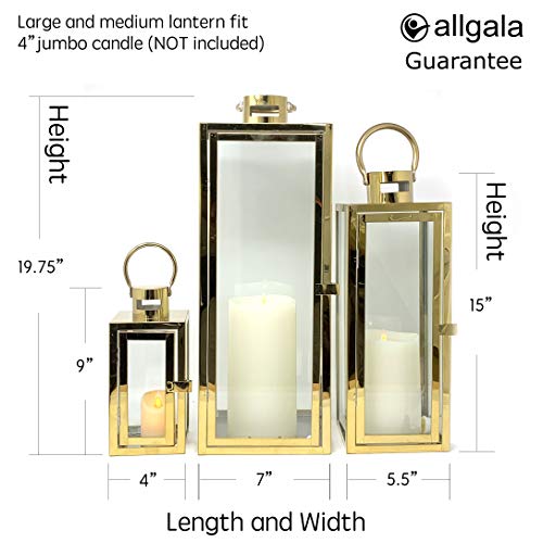 Image of Allgala 3-PC Lantern Set 23 Inch Jumbo Deluxe Modern Indoor /Outdoor Candle Lantern Set White Painted Ironl Frame Tempered Glass Rectangular for Garden Poolside Fireplace Wedding