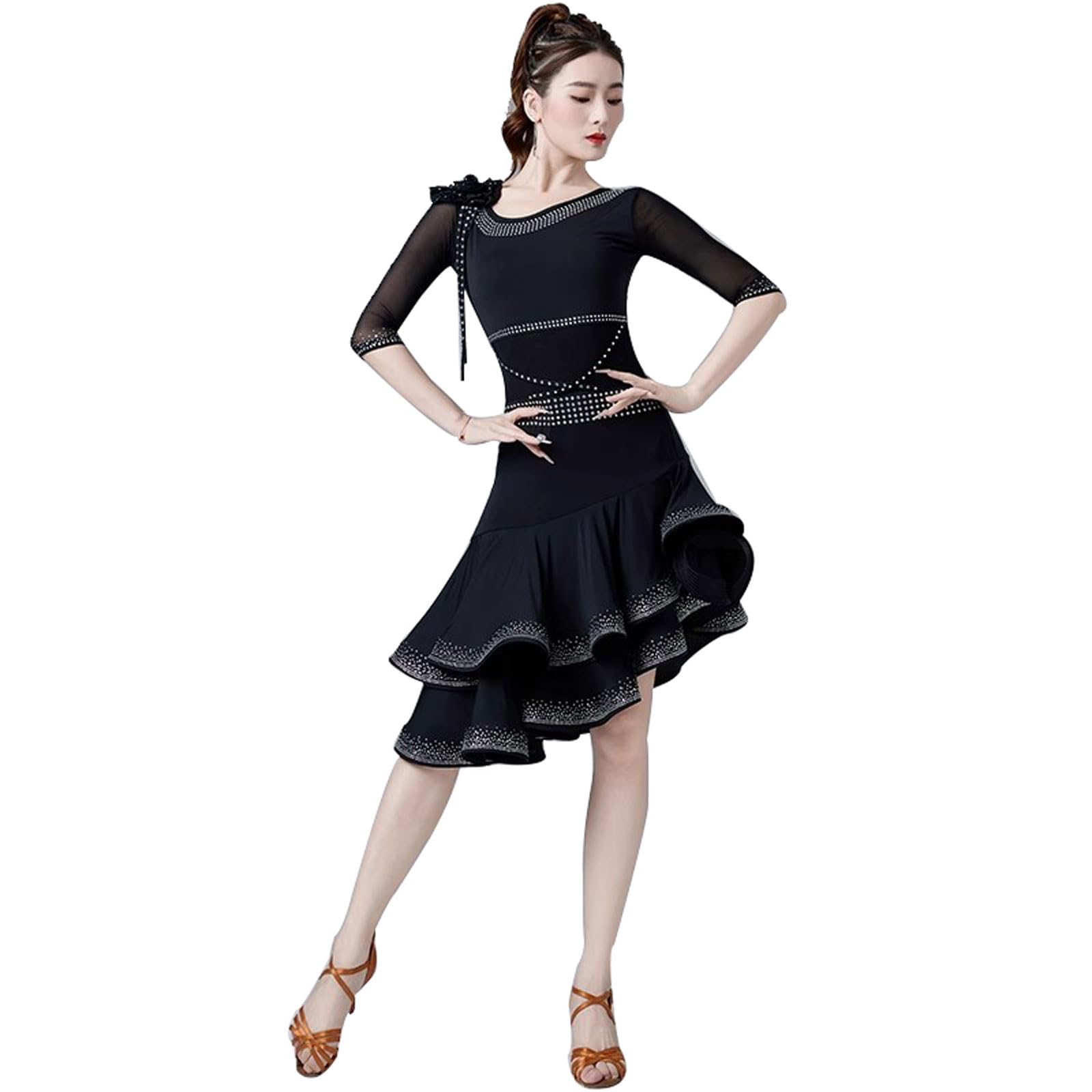 Black,L,FZHQNZJF Sukienka do Tańca Latynoskiego dla Kobiet Sala Balowa Strój do Tańca Cha Cha Tango na Zawody Strój do Tańca Samba Rumba Błyszcząca Spódnica do ćwiczeń Salsa Dziewczyna