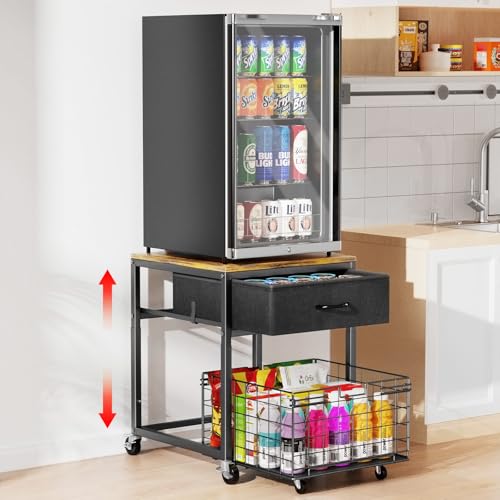 Housolution Soporte para Mini Nevera con Almacenamiento, Estante para Mini Nevera Regulable en Altura con Ruedas, Mini Nevera Armario Frigorífico Portátil Organizador con Cajón para el Hogar Oficina