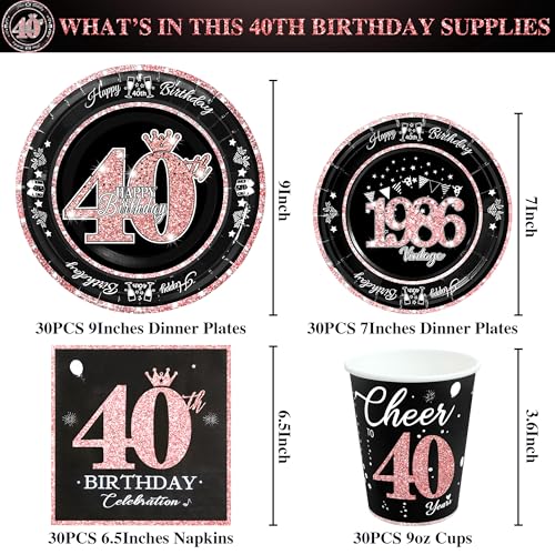 Image of 40th Birthday Decorations Rose Gold, Service for 30, Vintage 40th Birthday Party Supplies Includes Rose Gold 1986 Plates, Napkins,Cups, Plates and Napkins for Women