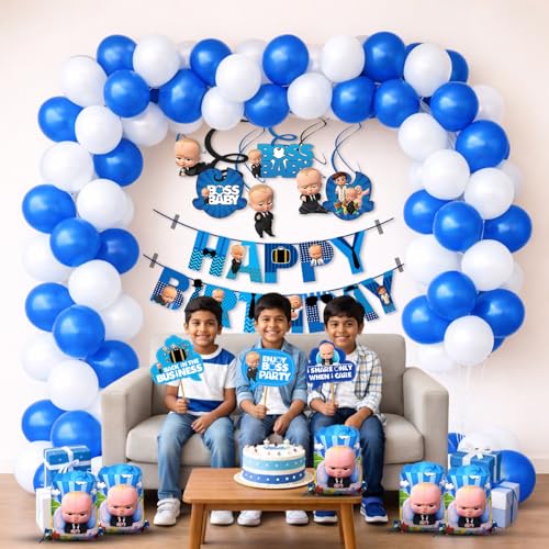 Image of Party Propz Baby Boss Theme Happy Birthday Decoration Kit -97 Pcs, Birthday Decoration Items with Return Gift Bags, Baby Boss Happy Birthday Banner, Boss Birthday Props for Boys & Girls (Cardstock)