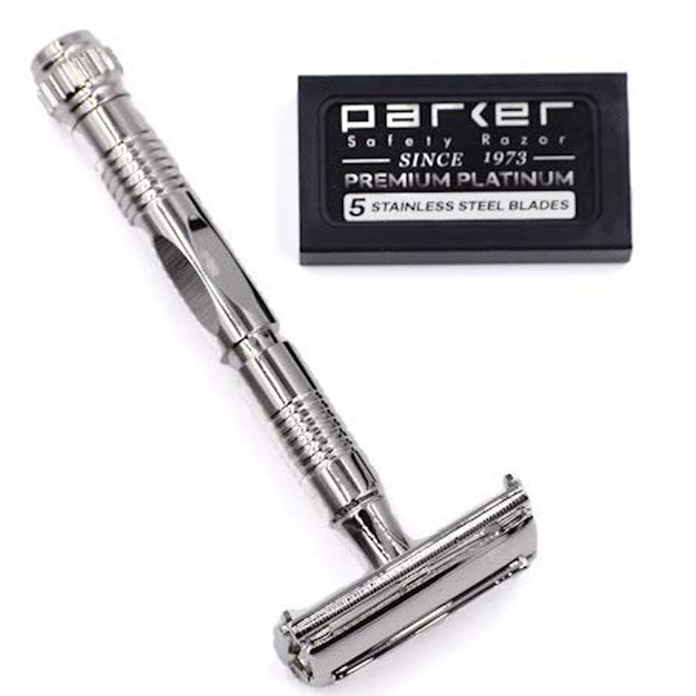 Parker Safety Razor, 90R Long Handle Men’s Butterfly Open Safety Razors with 5 Parker Premium Platinum Double Edge Razor Blades – Men’s Safety Razors delivers a Barber Shop Shave Experience at Home. 1