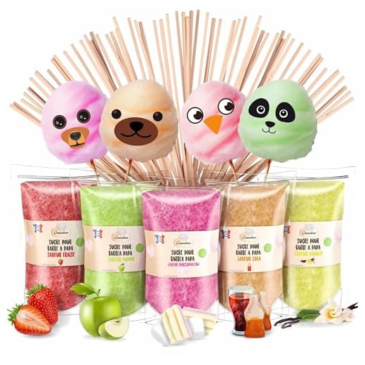 GREENDOSO® Azúcar para Algodón de Azúcar (5x160gr) – Lote de 5 Sabores (Fresa/Cola/Manzana/Malvavisco/Vainilla) – Sabores y Colorantes Naturales – 20 Palitos