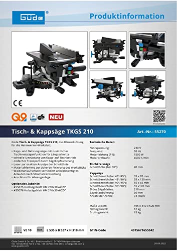 Güde Tisch- & Kappsäge TKGS 210 (2 in 1, Kapp- und Gehrungssäge & Tischkreissäge, 1500 Watt, 210 mm Sägeblatt, Laser) – Bild 8