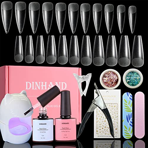 Nail Tips and Glue Gel Kit, LED Nail Lamp, 8ml Nail Glue for Nail Tips and 8ml No Wipe Top Coat, Come with 480 Pcs Coffin Nails Tips and Stiletto Nails Tips, Nail Kit,Gel x Nail Kit Gift