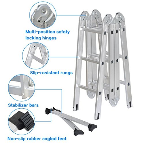 Luisladders Folding Ladder Multi-Purpose Aluminium Extension 7 in 1 Step Heavy Duty Combination EN 131 Standard (12.5 Feet)