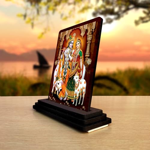 Image of Radha Krishna Wooden Idol - Glossy Finish /Size 7.5x10 cm - Showpiece for Living Room Figurine for House Warming Ceremony