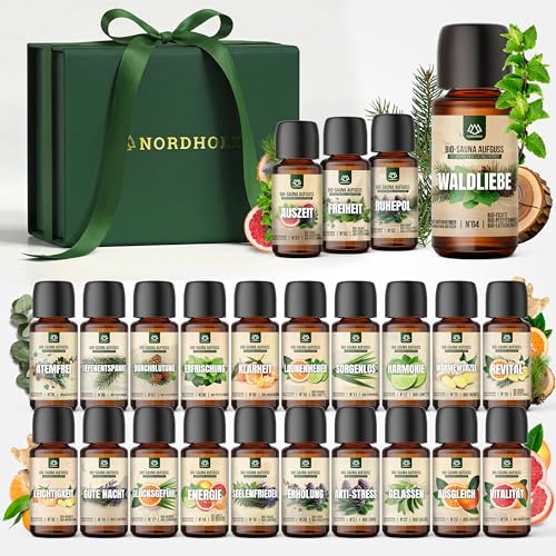 NORDHOLZ® Saunaaufguss [24x15ml] - Sauna Aufgussmittel [Geschenk Set] besonderer & natürlicher Sauna Duft für intensive & erholsame Momente (Bio-Discovery Box #1-#24)