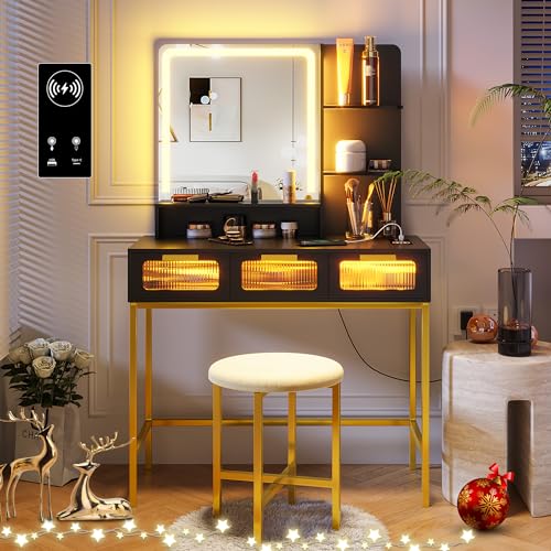 HNEBC Vanity Desk with Sliding Mirror and LED Lights, RGB Vanitys with Charging Station, Makeup Vanitys with Remote Control, White Dresser with Stool/Lager Drawers for Bedroom (Grey)
