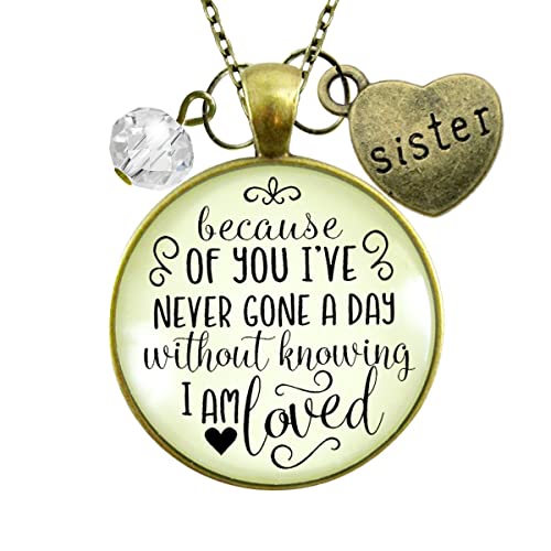 Gutsy Goodness PRNE24005631 Sister Necklace Because Of Your Love Boho Style Bronze Jewelry For Women Chain 24 Inch - Handmade Glass Inspirational Family Quote Pendant, Heart Charm, Gift Package Sisterhood Friends Message Card & Box thumb #1