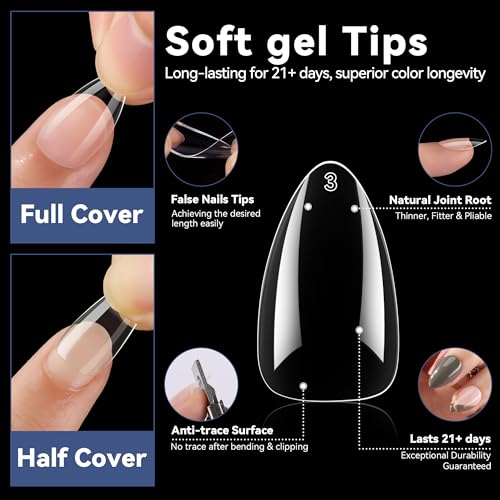 Image of UNA GELLA Short Almond Gel Nail Tips, 504pcs Pre-shape Short Almond Nail Tips 12 Sizes Press on Nails Soft Gel Acrylic Clear Fake Full Cover for Nails Extension Home DIY Salon