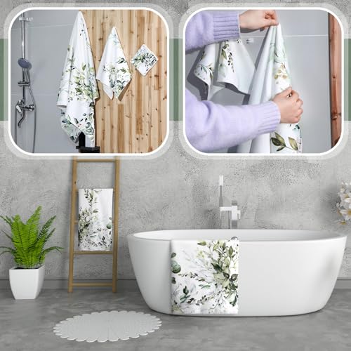 Preboun LEN-PREBOUN-23661 3 Pack Sage Green Eucalyptus Bathroom Towels Set Spring Leaves Hand Towels Spring Floral Bath Towels Green Plant Dish Towels Absorbent Fingertip Towel thumb #3